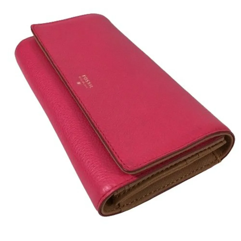 Fossil Women's Pink Fuchsia Leather Large Tri-fold Phone Clutch Wallet Organizer